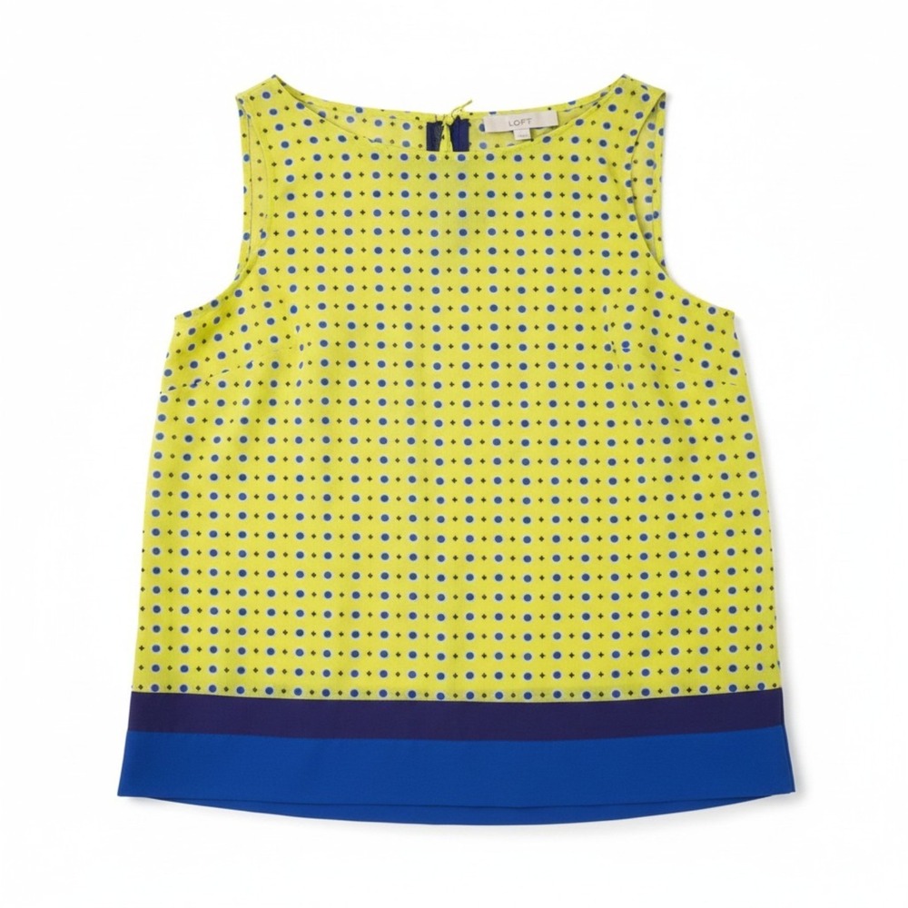 Ann Taylor LOFT Shirt Womens L Neon Green Blue Geo Dot Tie Back Sleeveless Top